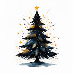 a festive Christmas tree with a golden star on top, decorated with bright splashes and shining elements in a watercolor style