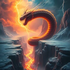The Causality-Serpent SEVERING past from future, rivers of backward-flowing fire carve canyons through floating islands of frozen lightning, Delirious cosmic expressionism