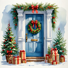 a Christmas blue door decorated with a wreath, garlands, and ribbons, with Christmas trees and many gifts placed around it