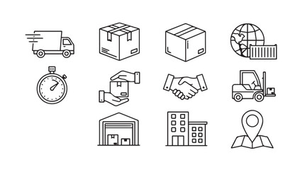 Set of hand drawn logistics and delivery icons representing shipping and global commerce vector