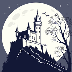 Obraz premium Dark castle silhouette on hill under full moon and starry sky