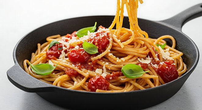 Delicious spaghetti dish with tomatoes and basil in a black pan closeup