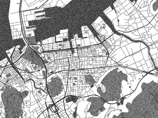 Detailed artistic sketch map of Sakaidecho, Japan, in monochrome black and white.