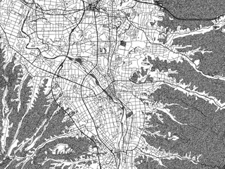 Hand-drawn style black and white city map of Saku, Japan, with detailed streets and textures.