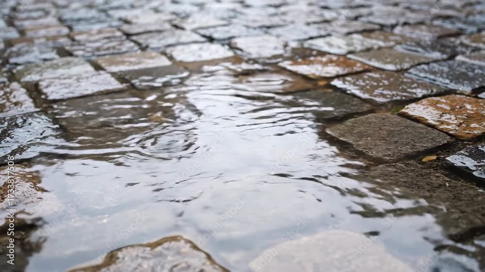 Canvas Prints close-up of raindrops creating concentric ripples in a large puddle on a cobblestone street, lit by 