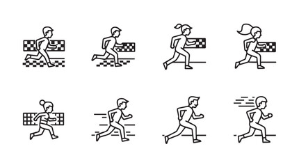 Collection of diverse runners in motion with finish line and hurdles hand drawn style vector