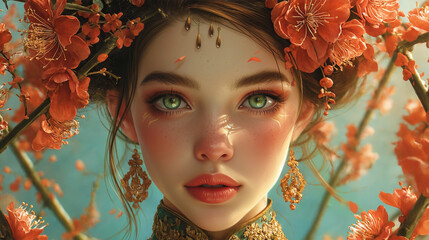 a girl with green eyes and a soft blush, adorned with bright orange flowers and elegant golden jewelry, set against a gentle blue background