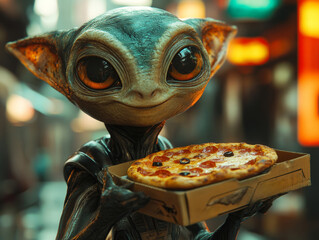 friendly alien creature with big eyes and ears holding a box of hot pizza in its hands, standing in a bright urban environment