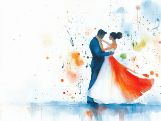 a couple dancing a waltz in bright watercolor tones — a man in a blue suit and a woman in a white and red dress surrounded by colorful splashes, watercolor