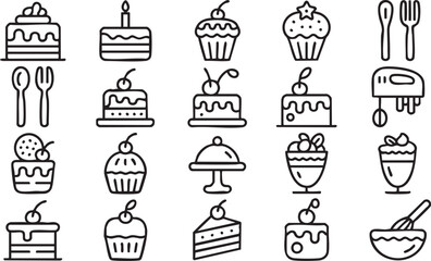 Dessert vector line icons set with cakes cupcakes and baking utensils for food design illustrations