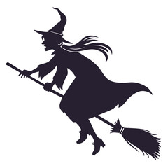 Dark purple witch flying on broomstick silhouette vector