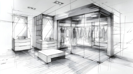 Hand-drawn pencil sketches of modern interiors with detailed furniture and decor. Minimalist, contemporary style illustrations perfect for architecture, design, and concept visuals.