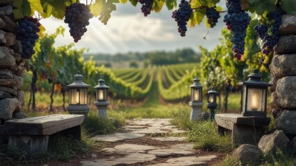 Obraz premium Sunlit vineyard path, stone lanterns, wooden benches