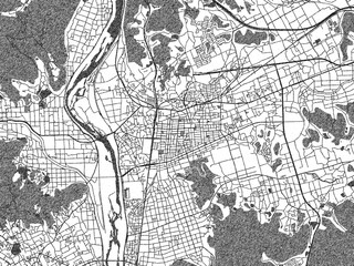 Fototapeta premium Stylized decorative city map of Soja, Japan, hand-drawn in black and white.