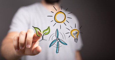 Eco-friendly concepts, renewable energy,  wind power, solar, growth, innovation. Bright ideas for a...