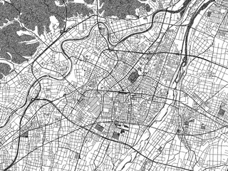 Detailed artistic sketch map of Takaoka, Japan, in monochrome black and white.