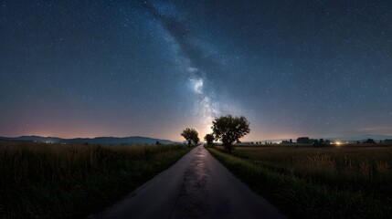 Milky way galaxy over a rural road lined with trees at night