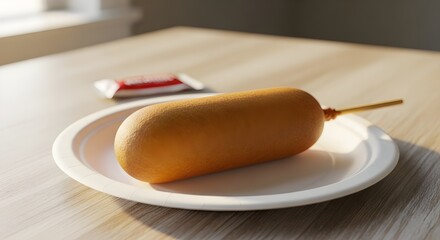golden corn dog on white plate with ketchup packet