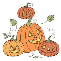 Four carved orange pumpkins with green stems and leaves