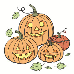 Four carved jack o lantern pumpkins with leaves halloween