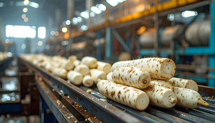 Cassava  Production Line: Freshly harvested root vegetables journey along an industrial conveyor belt within a modern food processing plant.