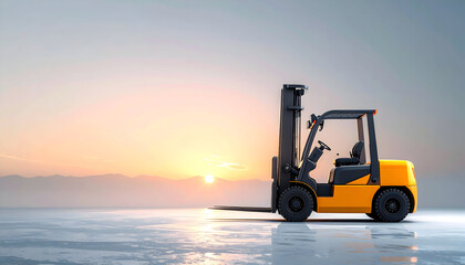 Industrial Strength Silhouette: A sturdy forklift stands in stark silhouette against a dreamy industrial backdrop of dawn and sunrise, evoking themes of progress and the construction.