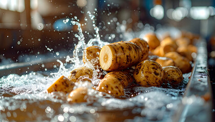 Cassava Processing: A close-up perspective of Cassava being cleaned and processed in a state-of-the-art food production facility.