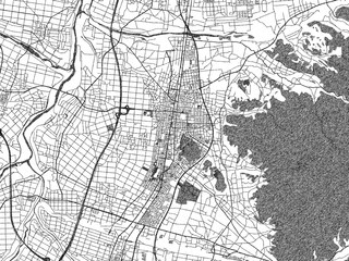Poster-style sketch map of Tendo, Japan, designed in artistic monochrome.