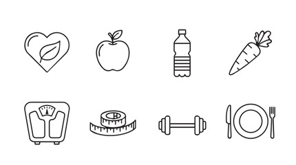 Healthy lifestyle icons set apple water bottle carrot scales dumbbell plate fork knife vector