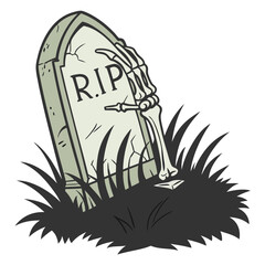 Gravestone with skeletal hand rising from grass R I P 1