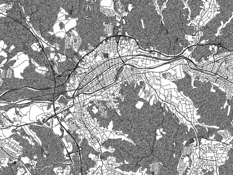 City map illustration of Toki, Japan, rendered in black and white sketch style.