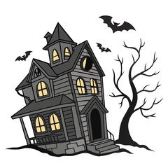 Gray haunted house with bats and bare tree vector Halloween