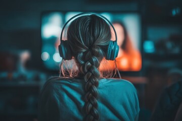 A person with braided hair wearing headphones watches a screen in a dimly lit room, creating a cozy and focused atmosphere