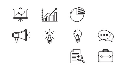 Doodle business icons set featuring graphs pie chart lightbulb megaphone briefcase document magnifying glass speech bubbles vector