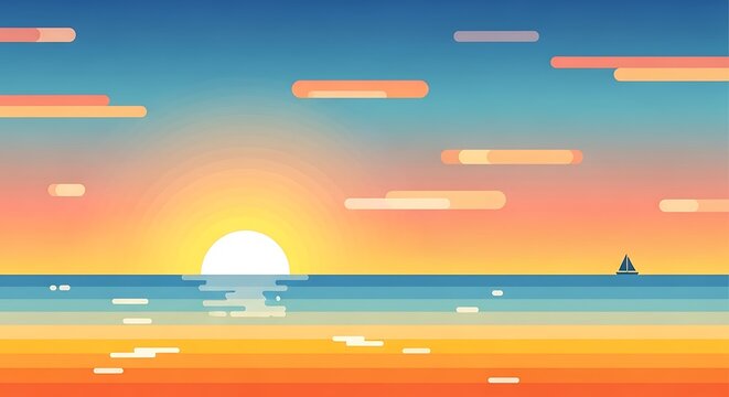 Abstract sunset seascape with vibrant hues and minimalist design evokes tranquility and serenity on the ocean