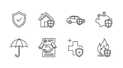 Insurance icons set covering protection for home auto health family and business security vector