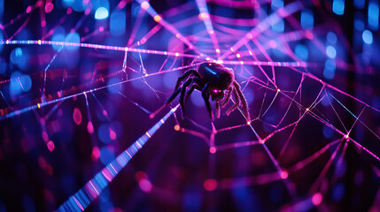 An advanced, intricate web made of laser lights, with a mechanical spider