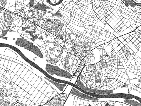 Hand-drawn style black and white city map of Toride, Japan, with detailed streets and textures.