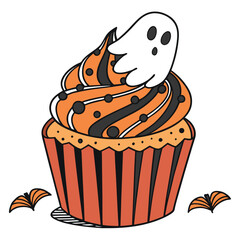 Halloween cupcake with ghost and bats vector candy