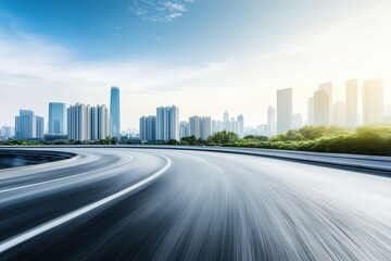Obraz premium A motion blurred highway leads to a city skyline background with blue sky and white clouds, representing travel journey and driving adventure concepts