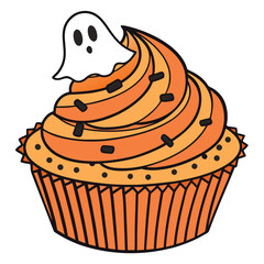 Halloween cupcake with ghost and sprinkles vector orange