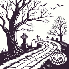 Fototapeta premium Halloween graveyard pathway with jack o lantern and bats