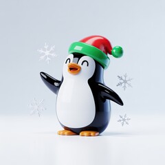 Cute cartoon penguin wearing a santa hat and waving