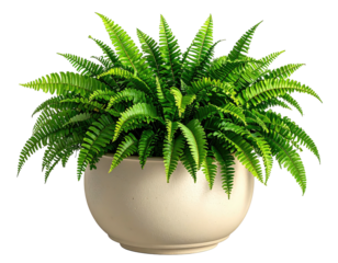 Lush green fern plant thriving in a simple white rounded ceramic pot