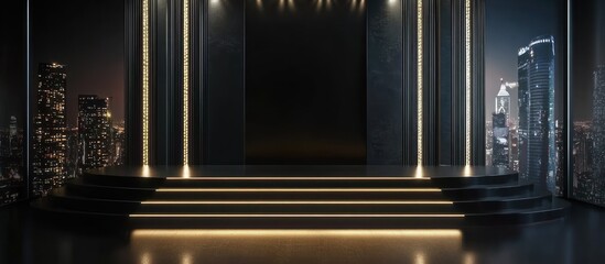 Modern stage with cityscape background and glowing accents for presentations