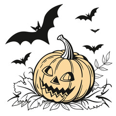 Halloween pumpkin with flying bats and autumn leaves