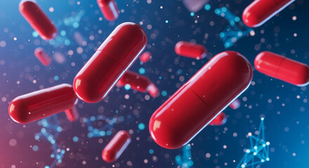 Futuristic 3D Scene of Red Pharmaceutical Capsules Hovering in Mid-Air with Motion Blur and Bokeh Effects, Surrounded by Glowing Particles and Digital Network Lines, Highlighting Advanced Medical 