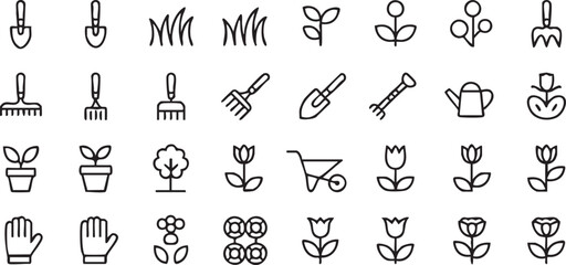 Minimalist garden line icons collection of plants tools and flowers for spring and organic agriculture