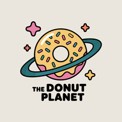 Donut planet logo, cosmic pastry, sprinkle ring, kawaii bakery mascot, space theme, modern vector illustration design