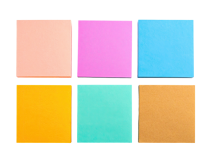 Six colorful adhesive square notepads arranged in a 2x3 grid